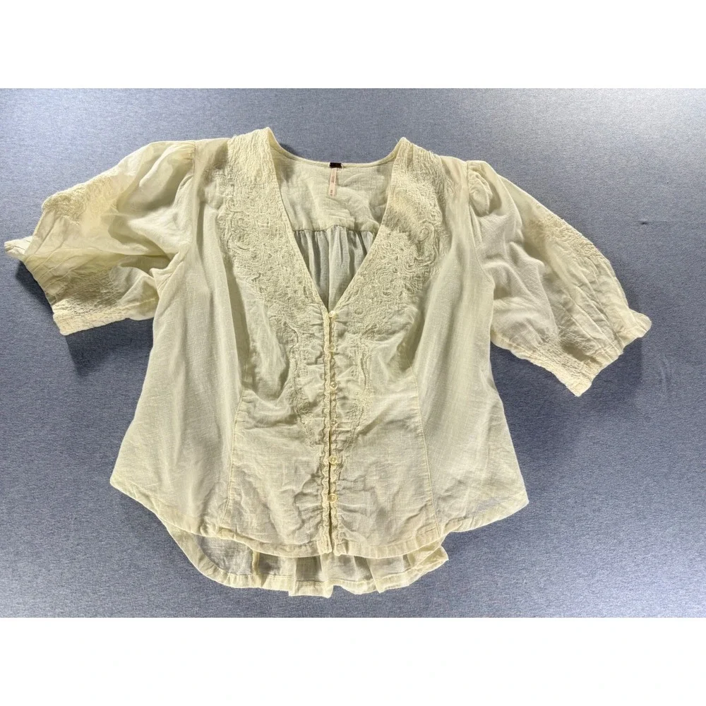 Free People Laurie Embroidered Blouse Cream Cotton V-Neck Puff Sleeve Top M